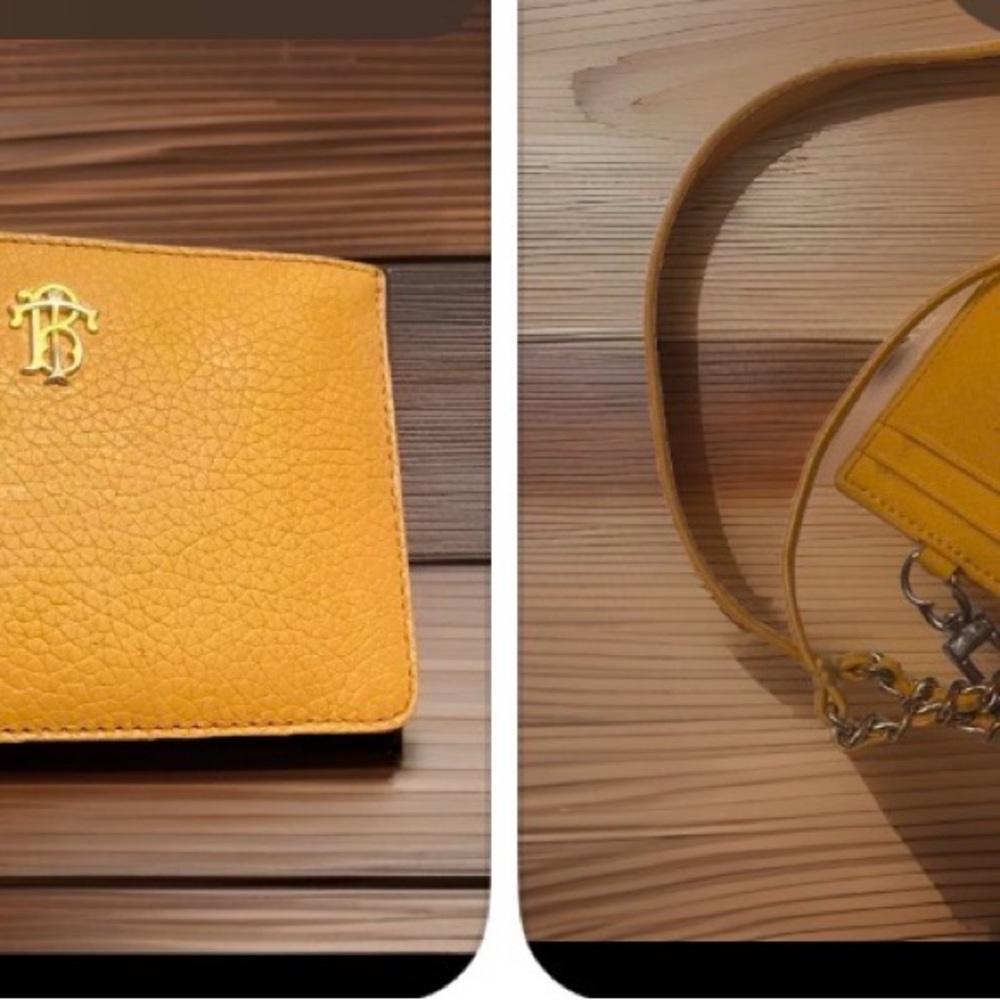 Tory Burch Mustard Yellow Leather Card Wallet with Strap and Logo